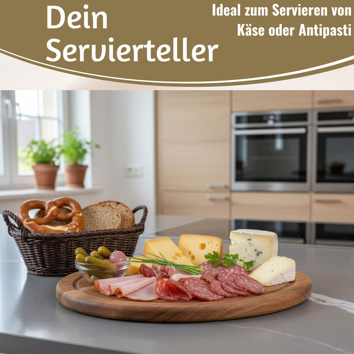 KI-generiertes Bild,Holz Fleischteller Servierteller 30cm Akazie Rund Schneidebrett Vesperbrett