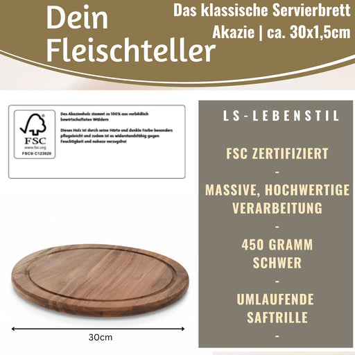 KI-generiertes Bild,Holz Fleischteller Servierteller 30cm Akazie Rund Schneidebrett Vesperbrett