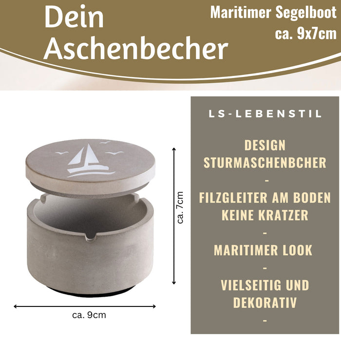 KI-generiertes Bild,Beton Sturmaschenbecher Segelboot 9x7cm Maritim Grau Aschenbecher mit Deckel