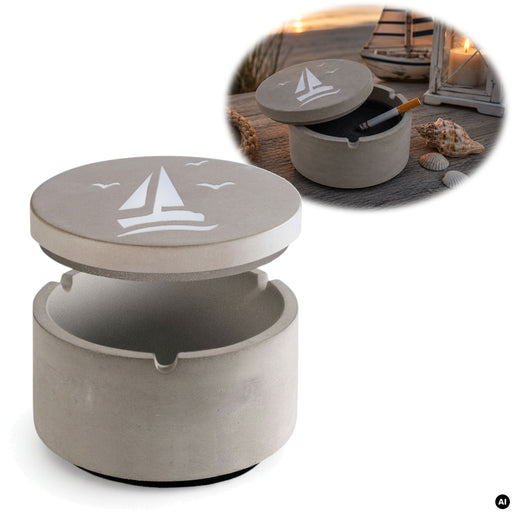 KI-generiertes Bild Beton Sturmaschenbecher Segelboot 9x7cm Maritim Grau Aschenbecher mit Deckel