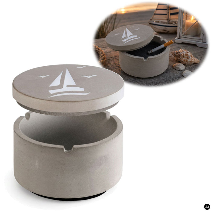 KI-generiertes Bild Beton Sturmaschenbecher Segelboot 9x7cm Maritim Grau Aschenbecher mit Deckel