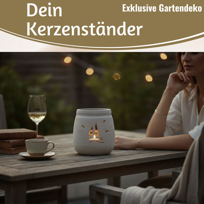 KI-generiertes Bild,Beton Windlicht Segelboot 13cm Shabby Grau Maritim Teelichthalter Kerzenhalter