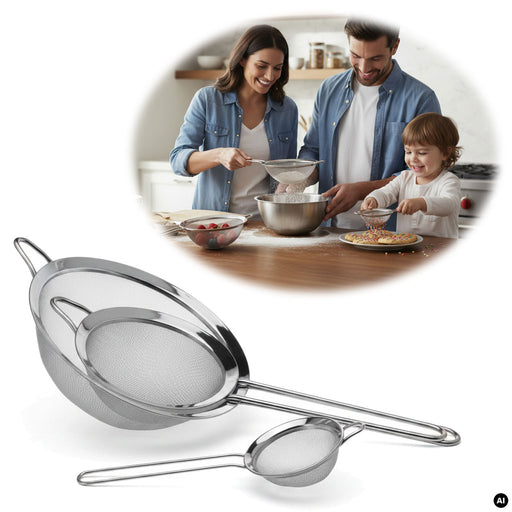 KI-generiertes Bild Edelstahl Siebe 3´er Set 8cm 14cm 20cm Küchensiebe mit Aufhängeösen