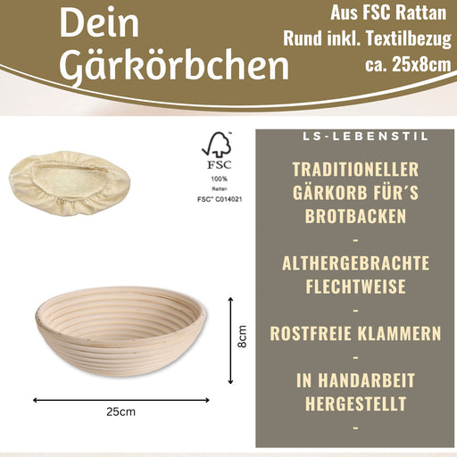 KI-generiertes Bild,Gärkörbchen Gärkorb Rund 25x8cm Peddigrohr Brotform Leineneinsatz Brotkorb