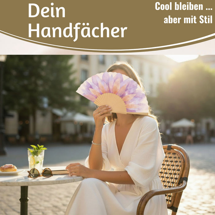 KI-generiertes Bild,Handfächer Holz Stoff Fächer "Blume" Lila Pink Rose faltbar Faltfächer