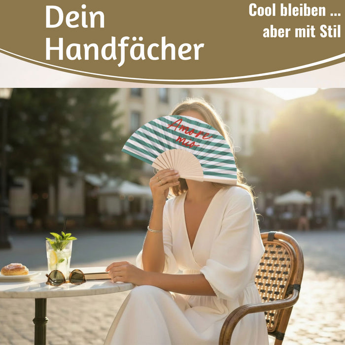 KI-generiertes Bild,Handfächer Holz Stoff Fächer "Amore Mio" Grün Weiß Rot faltbar Faltfächer