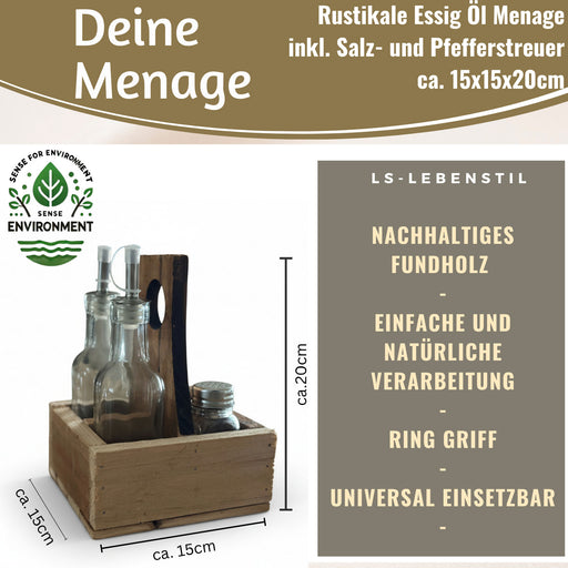 Holz Menage Essig- und Ölspender Set Salz- Pfefferstreuer 2x Ölflasche Ausgießer