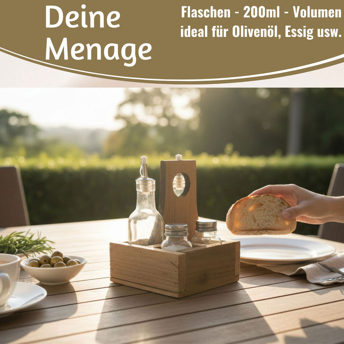 Holz Menage Essig- und Ölspender Set Salz- Pfefferstreuer 2x Ölflasche Ausgießer