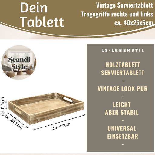 KI-generiertes Bild,Vintage Serviertablett 40x25x5cm Grau Braun gekalkt Holz Tablett Griff Deko