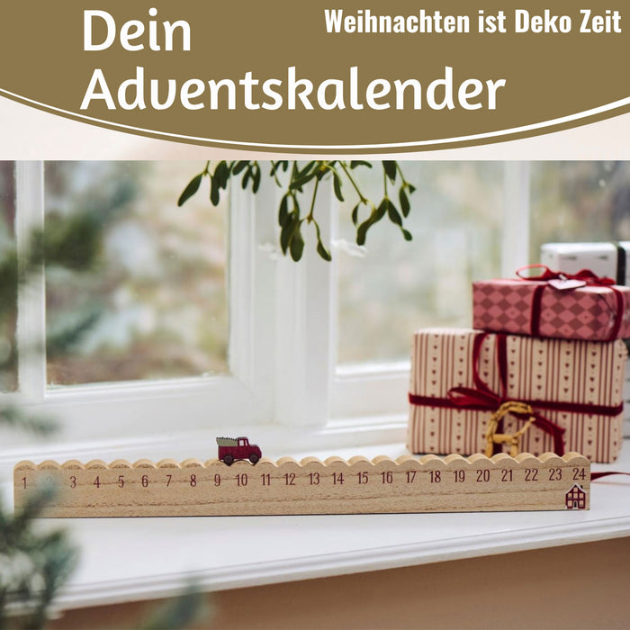 KI-generiertes Bild,Vintage Holz Adventskalender fahrendes Weihnachtsauto 50cm Countdown Xmas Deko
