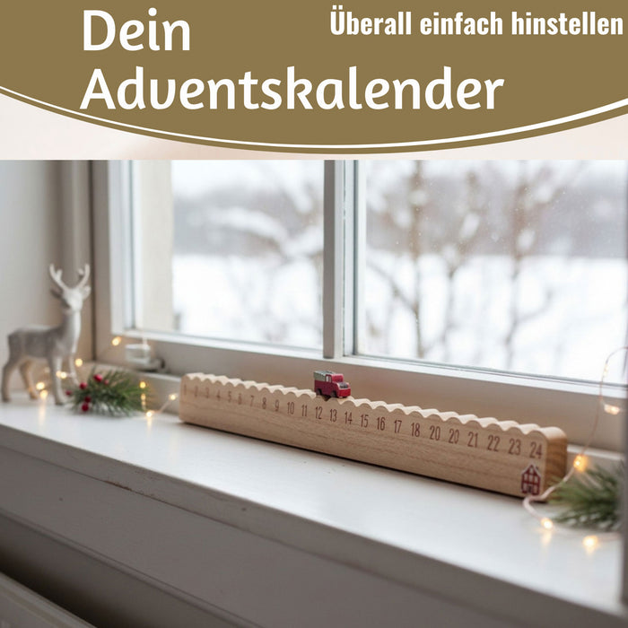 KI-generiertes Bild,Vintage Holz Adventskalender fahrendes Weihnachtsauto 50cm Countdown Xmas Deko