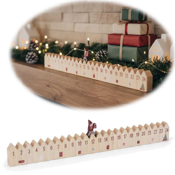KI-generiertes Bild Vintage Holz Adventskalender hüpfender Wichtelmann 50cm Countdown Xmas Deko