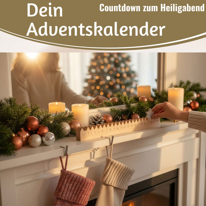 KI-generiertes Bild,Vintage Holz Adventskalender gehender Stern Silber glänzend 50cm Countdown Xmas Deko
