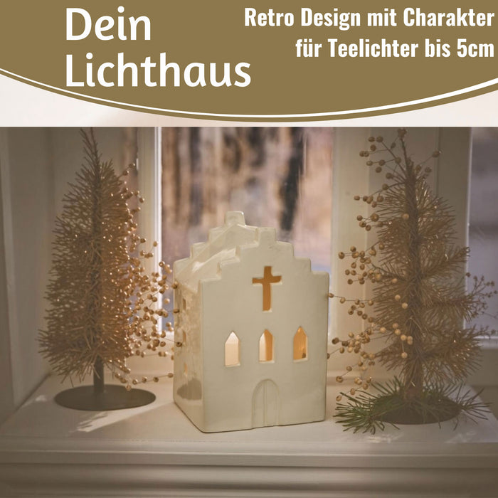 KI-generiertes Bild,Teelichthaus Lichterhaus Nyhavn 19cm Kirche Weiß Stillenat Keramik Teelichthalter