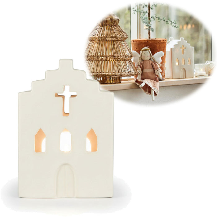 KI-generiertes Bild Teelichthaus Lichterhaus Nyhavn 19cm Kirche Weiß Stillenat Keramik Teelichthalter