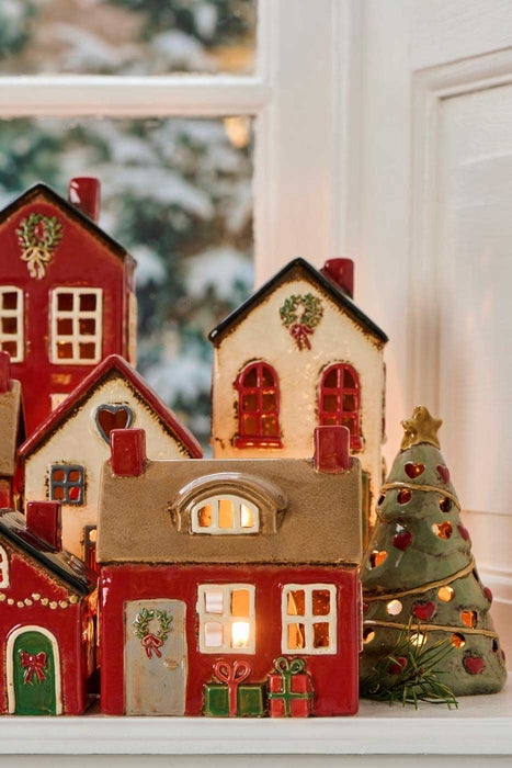KI-generiertes Bild,Teelichthaus Lichterhaus Nyhavn 14cm Beige Rot Keramik Fachwerkhaus Teelichthalter