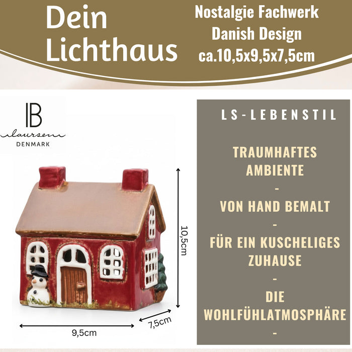 KI-generiertes Bild,Teelichthaus Lichterhaus Nyhavn 10cm Rot Braun Keramik Fachwerkhaus Teelichthalter