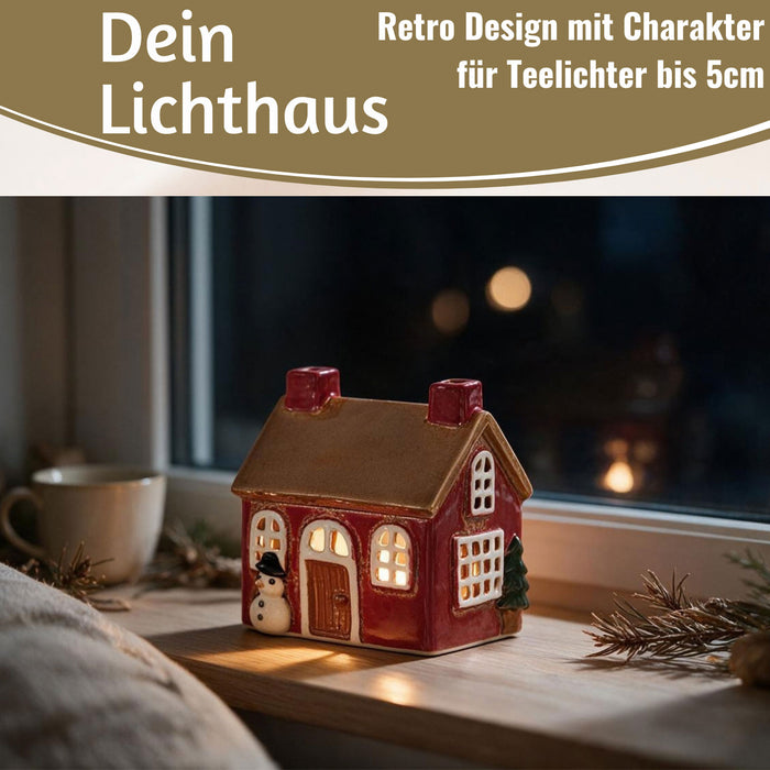 KI-generiertes Bild,Teelichthaus Lichterhaus Nyhavn 10cm Rot Braun Keramik Fachwerkhaus Teelichthalter