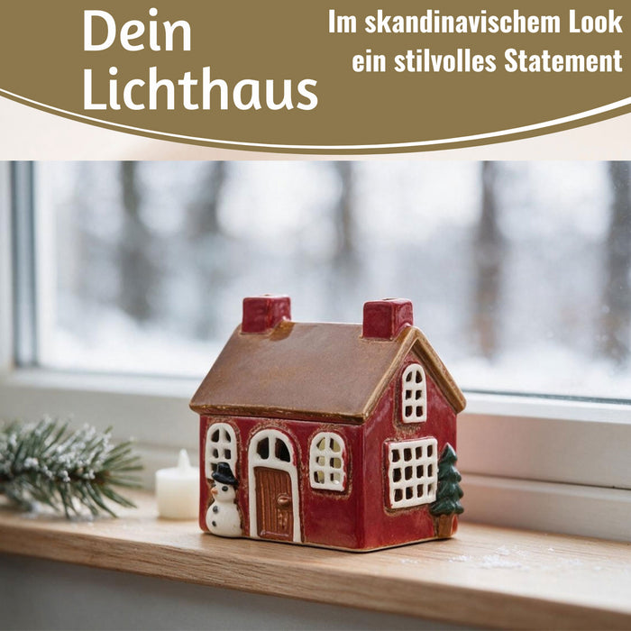 KI-generiertes Bild,Teelichthaus Lichterhaus Nyhavn 10cm Rot Braun Keramik Fachwerkhaus Teelichthalter