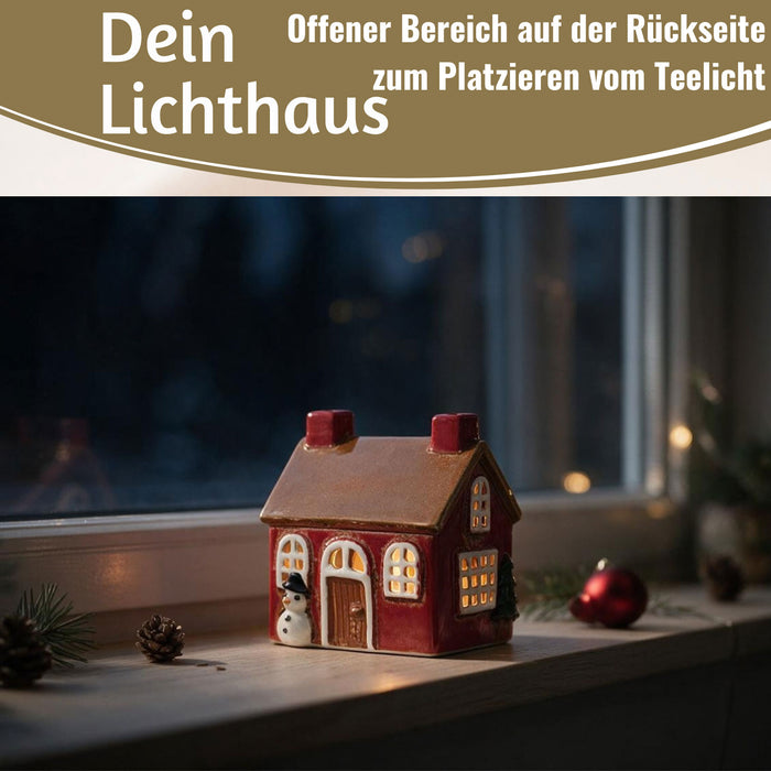 KI-generiertes Bild,Teelichthaus Lichterhaus Nyhavn 10cm Rot Braun Keramik Fachwerkhaus Teelichthalter