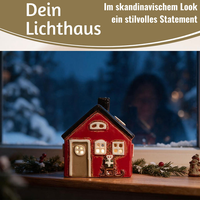 KI-generiertes Bild,Teelichthaus Lichterhaus Nyhavn 10cm Rot Schwarz Keramik Fachwerkhaus Teelichthalter