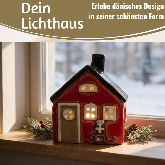 KI-generiertes Bild,Teelichthaus Lichterhaus Nyhavn 10cm Rot Schwarz Keramik Fachwerkhaus Teelichthalter