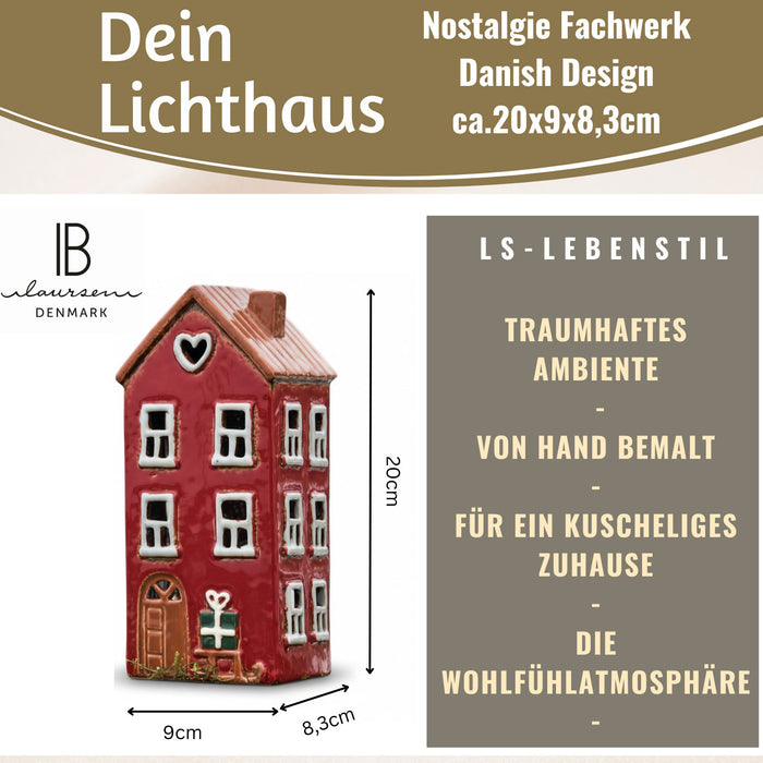 KI-generiertes Bild,Teelichthaus Lichterhaus Nyhavn 20cm Rot Schwarz Keramik Fachwerkhaus Teelichthalter