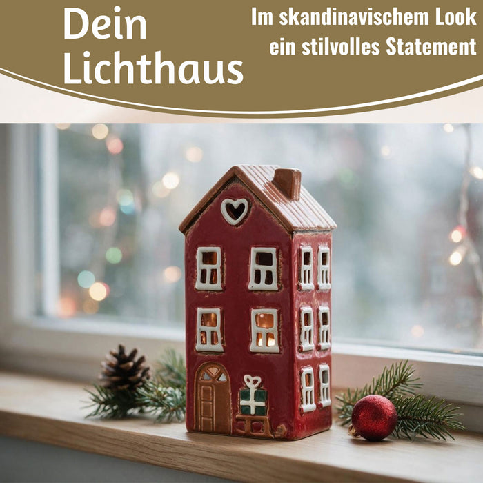KI-generiertes Bild,Teelichthaus Lichterhaus Nyhavn 20cm Rot Schwarz Keramik Fachwerkhaus Teelichthalter