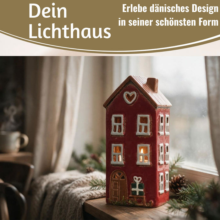 KI-generiertes Bild,Teelichthaus Lichterhaus Nyhavn 20cm Rot Schwarz Keramik Fachwerkhaus Teelichthalter