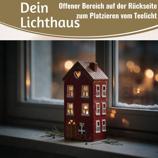 KI-generiertes Bild,Teelichthaus Lichterhaus Nyhavn 20cm Rot Schwarz Keramik Fachwerkhaus Teelichthalter
