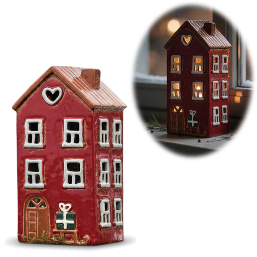 KI-generiertes Bild Teelichthaus Lichterhaus Nyhavn 20cm Rot Schwarz Keramik Fachwerkhaus Teelichthalter
