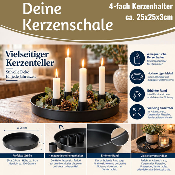 KI-generiertes Bild,Kerzentablett Kerzenhalter Magnet Schwarz 4 Stabkerzen Rund Ø25cm Deko Tablett