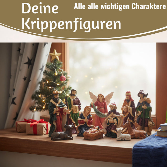 KI-generiertes Bild,Krippenfiguren Set 11 Figuren 10cm Traditionell Handbemalt Krippe Krippenset Xmas