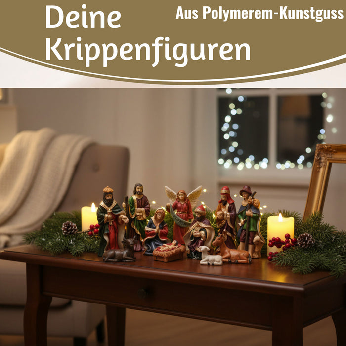 KI-generiertes Bild,Krippenfiguren Set 11 Figuren 10cm Traditionell Handbemalt Krippe Krippenset Xmas
