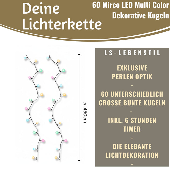 KI-generiertes Bild,LED Lichterkette Kugeln Soft Multi Colour 60 Lampen 4,5 Meter Timer Batterie