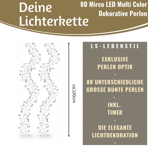 KI-generiertes Bild,Micro LED Lichterkette Perlen Soft Multi Colour 80 Lampen 1,2 Meter Timer Batterie