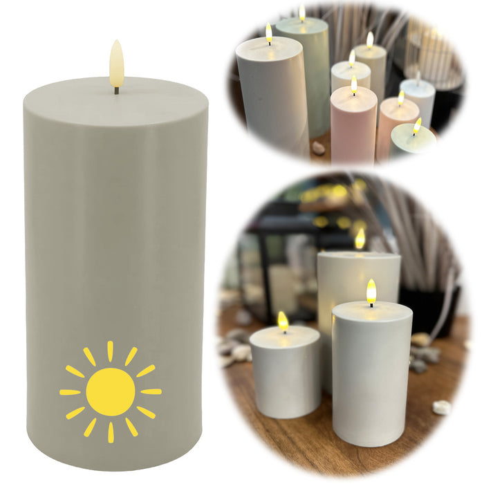 KI-generiertes Bild Solar Outdoor LED 3D Stumpenkerze 10x7,5cm Sand Timer Kunststoff flackernde Kerze