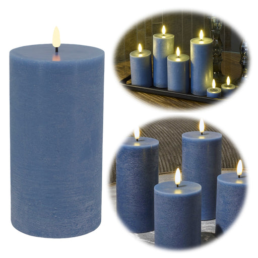 KI-generiertes Bild LED 3D Stumpenkerze Ribe Blau 10x7,5cm Echtwachs flackernde flammenlose Kerze
