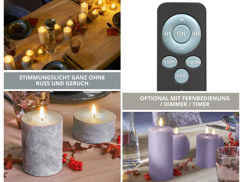 KI-generiertes Bild,Real Flame 3D LED Stumpenkerze 20cm Ribe Schwarz Echtwachs flackernde Blockkerze