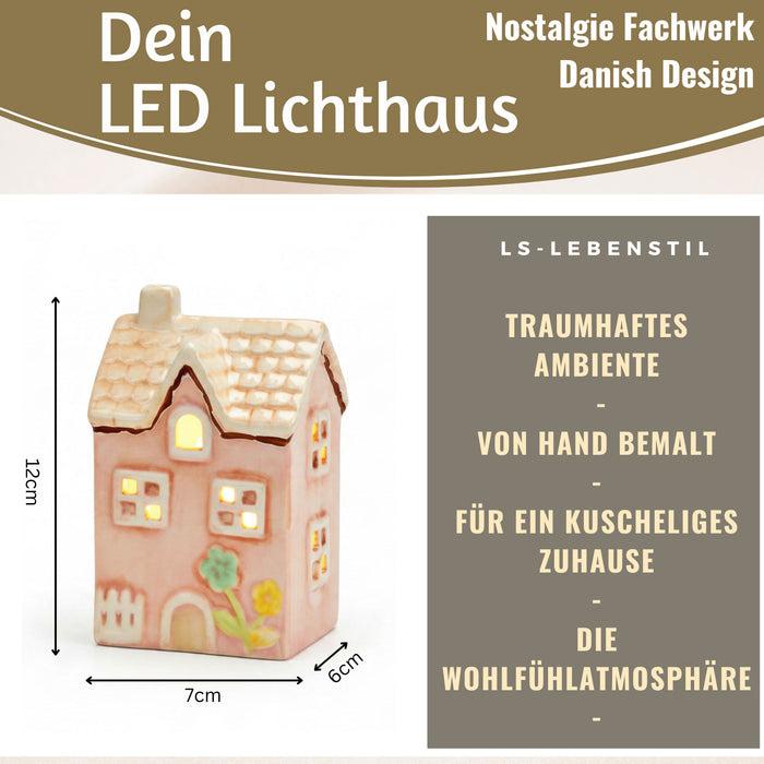 KI-generiertes Bild, LED Lichterhaus Nyhavn 19cm Rosa Keramik Fachwerkhaus Leuchthaus