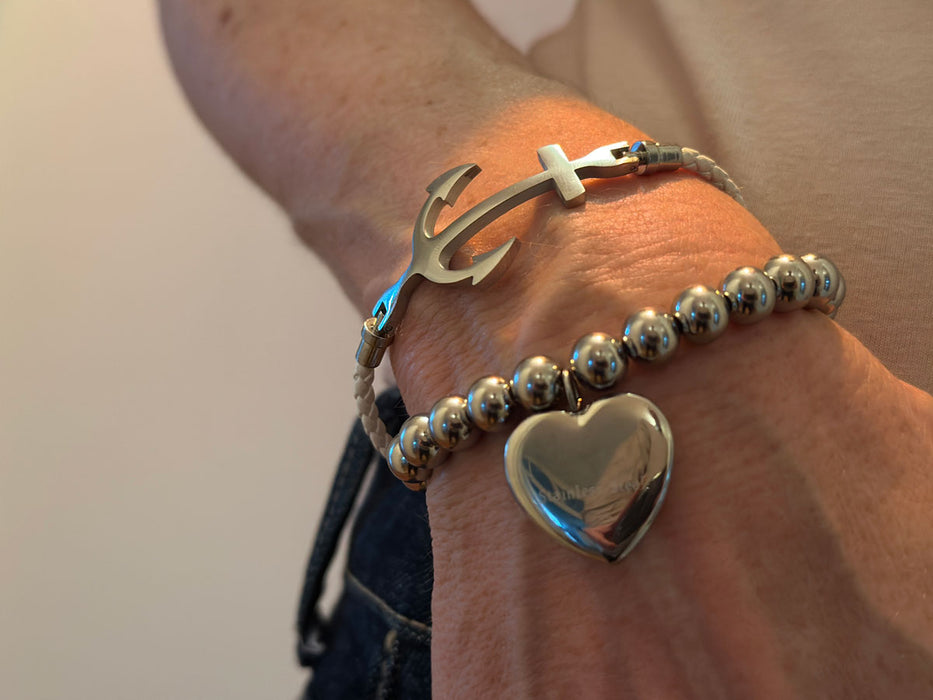 KI-generiertes Bild,Elegantes Damen Lederarmband 18cm Kampen Anker Weiß Silber geflochten Echtleder