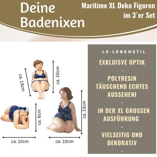 KI-generiertes Bild,Deko Figuren Set 3x Badenixe Figur Molly Maritim Blau Weiß Badeanzug Objekt