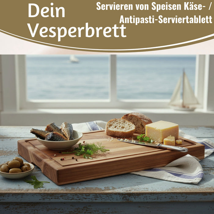 KI-generiertes Bild,Profi Holz Schneidebrett Teak 40cm XL Teakholz Küchenbrett Tranchierbrett