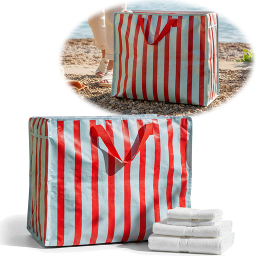 KI-generiertes Bild XXL Jumbo Bag Blau Rot Gestreift 55cm Recycelt Kunststoff Aufbewahrungstasche Einkaufstasche
