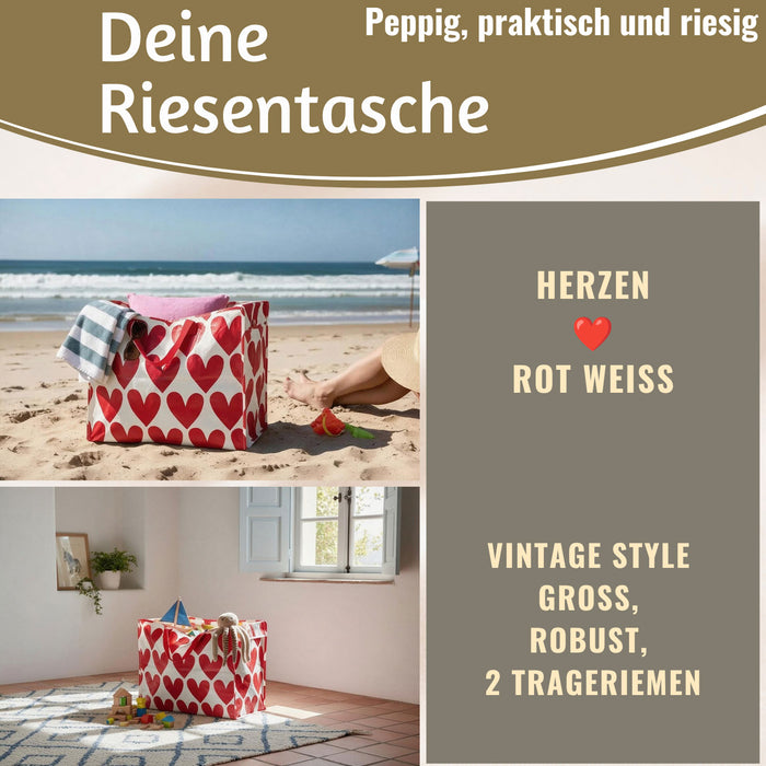 KI-generiertes Bild,XXL Jumbo Bag Herzen Rot Weiß 55cm Aufbewahrungstasche Einkaufstasche