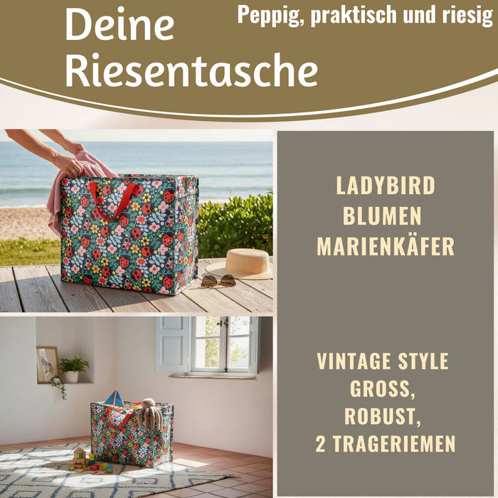KI-generiertes Bild,XXL Jumbo Bag Blumen Marienkäfer 55cm Aufbewahrungstasche Einkaufstasche