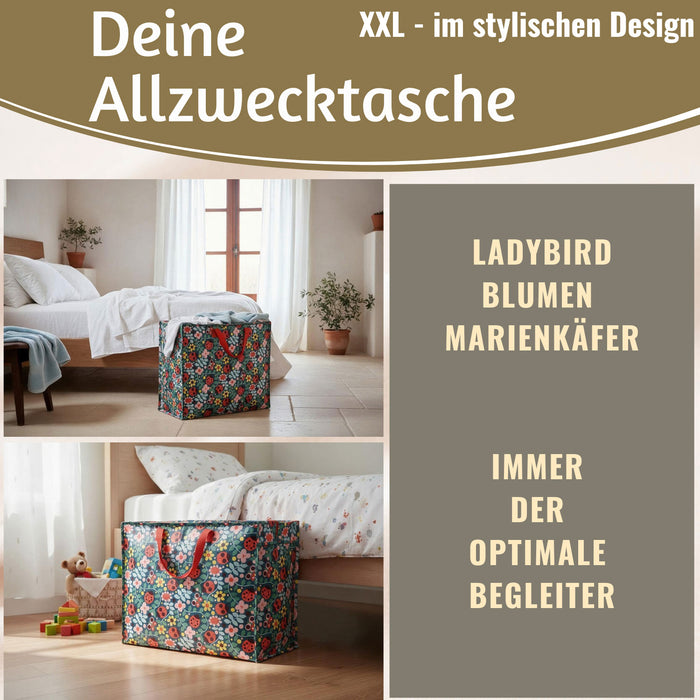 KI-generiertes Bild,XXL Jumbo Bag Blumen Marienkäfer 55cm Aufbewahrungstasche Einkaufstasche