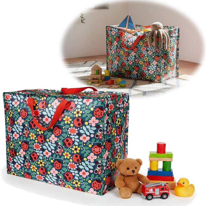 KI-generiertes Bild XXL Jumbo Bag Blumen Marienkäfer 55cm Recycelt Kunststoff Aufbewahrungstasche Einkaufstasche