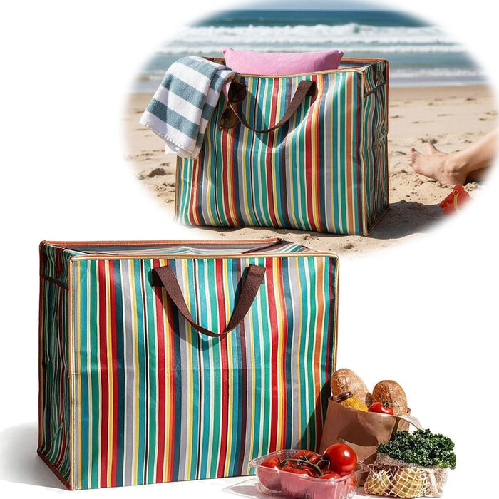 KI-generiertes Bild XXL Jumbo Bag Retro 70´ziger Steifen 55cm Recycelt Kunststoff Aufbewahrungstasche Einkaufstasche