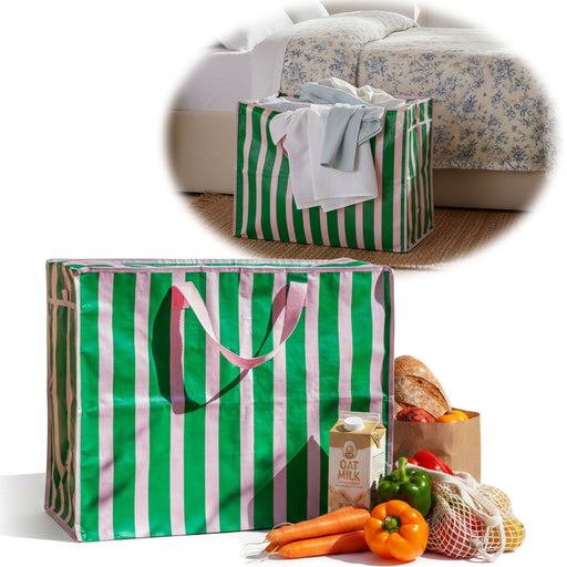 KI-generiertes Bild XXL Jumbo Bag Rosa Grün Gestreift 55cm Recycelt Kunststoff Aufbewahrungstasche Einkaufstasche